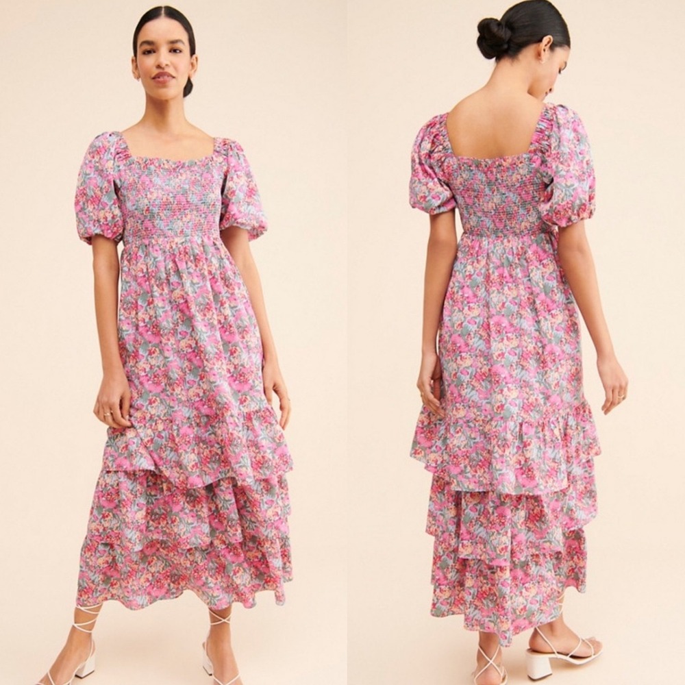 English Factory Pink Blue Floral Tiered Smocked Puff Sleeve Cottage Midi Dress-L